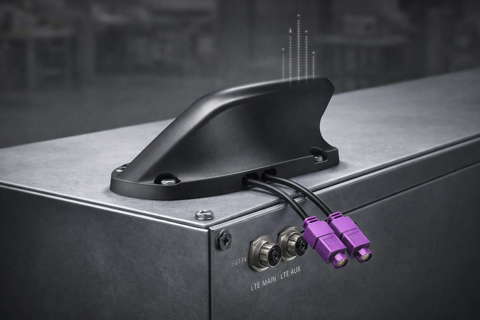Industrial-grade LTE MIMO shark fin antenna featuring dual FAKRA Code D bordeaux violet connectors for 4G/5G cellular connectivity.