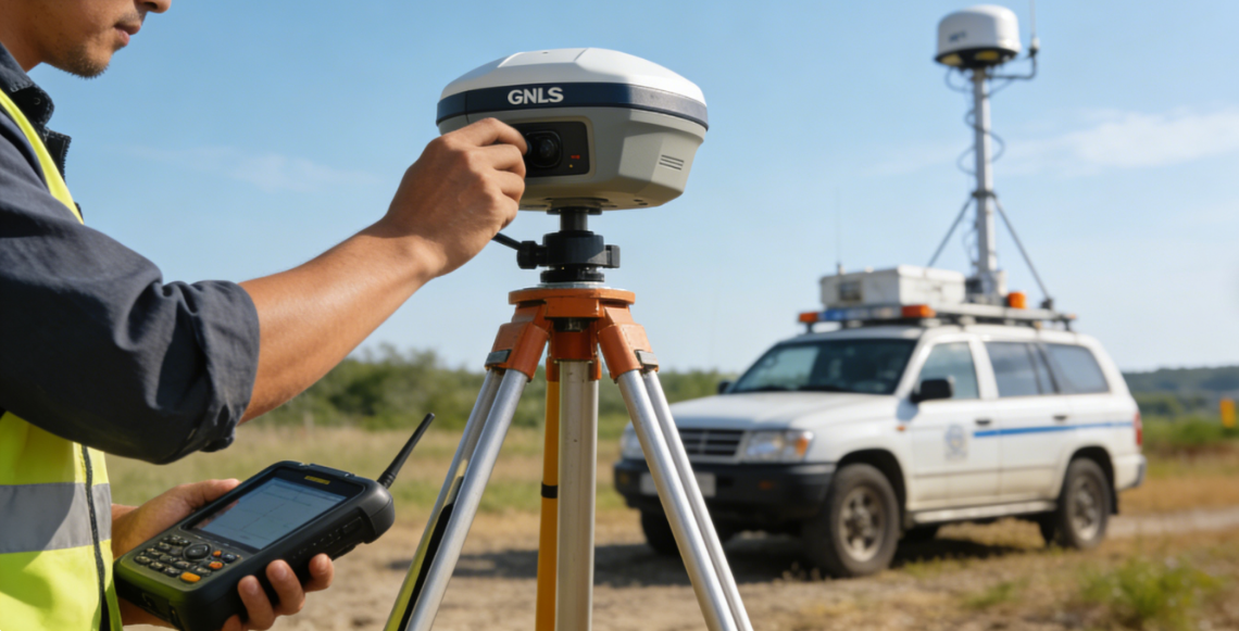 RTK GNSS surveying system using a high-precision external antenna for real-time positioning and mapping in land surveying applications