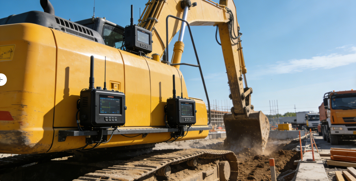 Rugged cellular antennas installed on construction machinery providing stable LTE connectivity for machine control and telemetry
