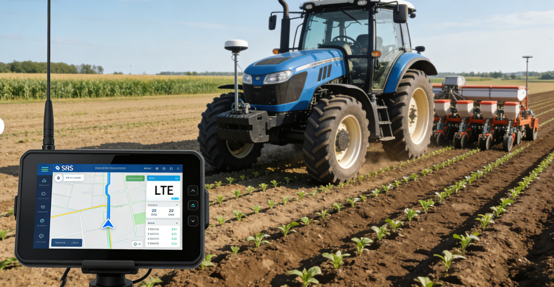 Agricultural vehicle equipped with cellular and GNSS antennas enabling precision farming, guidance, and remote monitoring
