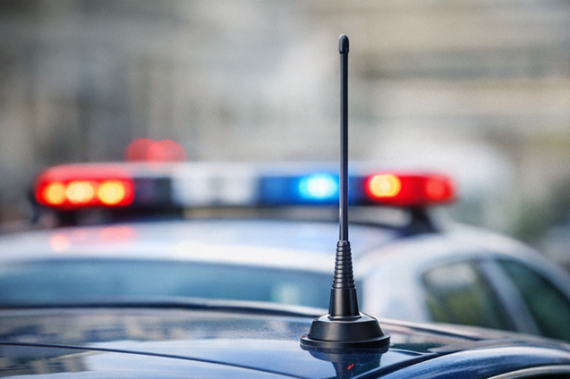 Whip antenna on a police car roof with emergency lights