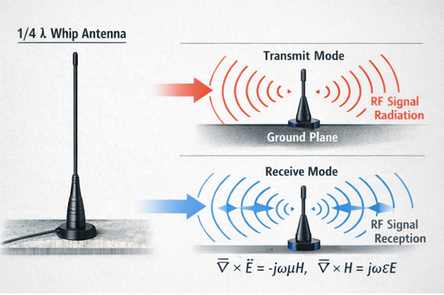 Diagram of a quarter-wave whip antenna showing transmit and receive modes and the ground plane