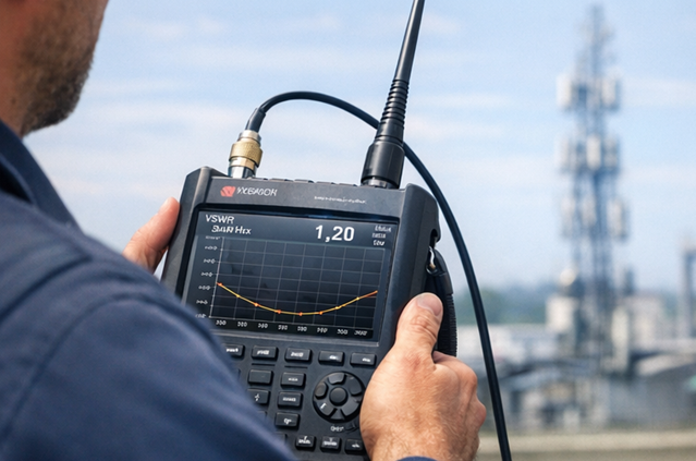 Engineer measuring whip antenna VSWR with a handheld VNA near a cell tower