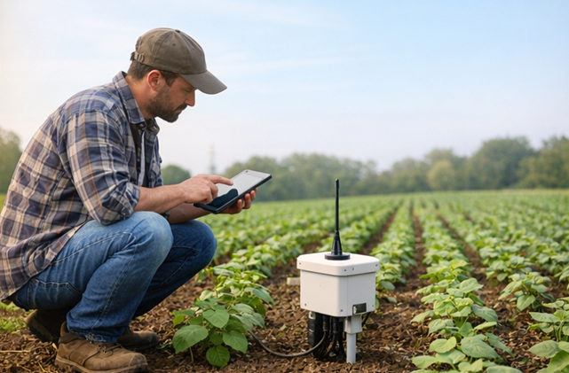 Farmer using a tablet next to an IoT field sensor with a whip antenna