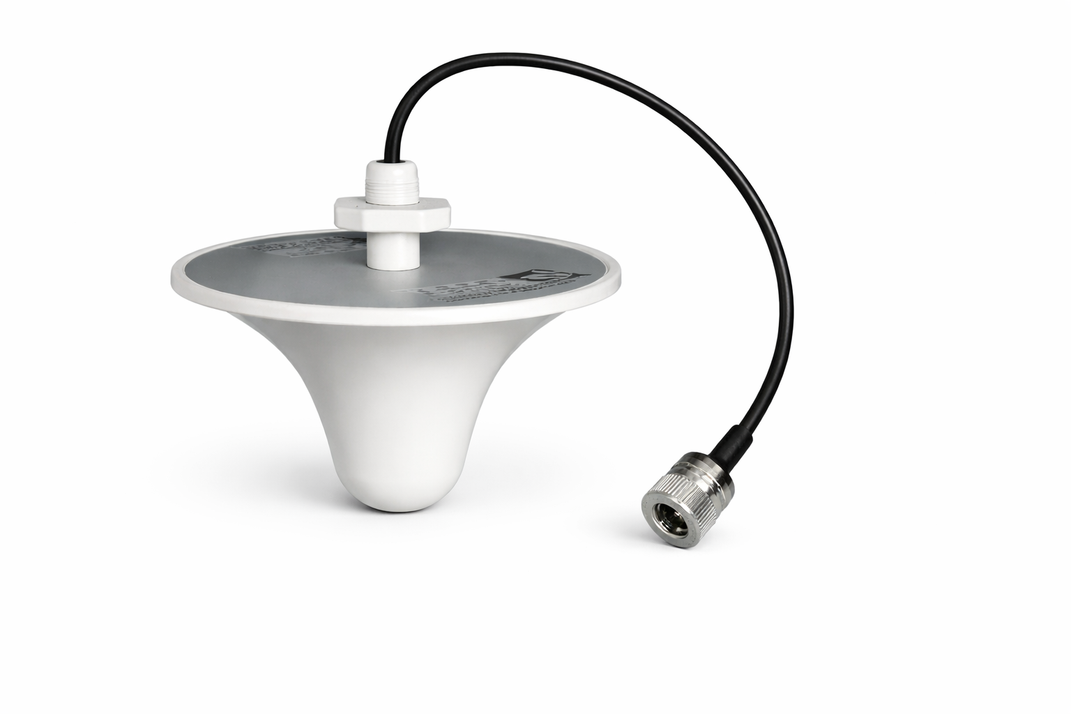 ceiling‑mount VHF antenna product photo, studio lighting, white background, centered, realistic materials, compact dome shape (Φ160×90 mm), N‑female connector with short cable, clean shadow, high detail, no text, no watermark.”