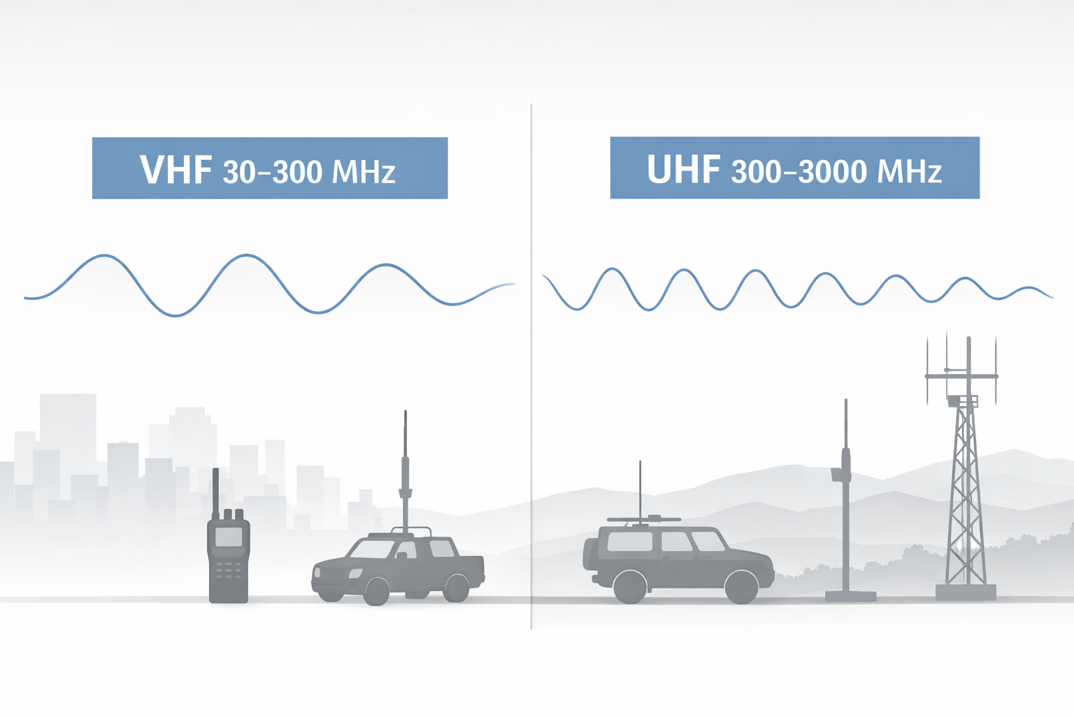 Technical infographic comparing VHF and UHF radio frequency bands, labeled VHF 30–300 MHz and UHF 300–3000 MHz with long and short wavelength waveforms, featuring silhouettes of a handheld radio, vehicle-mounted antenna, and base station antenna against a split urban skyline and open terrain background.